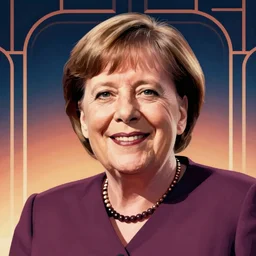smiling, happy, beautiful, intelligent, powerful, angela merkel, loving eyes, fully clothed, wise, beautiful, dramatic lighting, sharp focus, art deco patterns by stanley artgerm, retro futurism, dramatic lighting, trending on artstation, flat colour, geometric curves, gradient filter