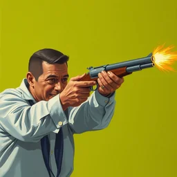 ricardo milos aiming a gun, in the art style of painted with beans. n 4