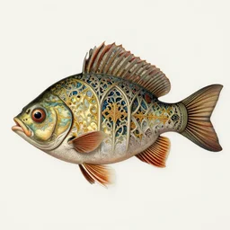 hyperrealistic image of a beautiful fish, intricate ornamental gothic designs, heavily decorated, art by ernst haeckel, james jean,
