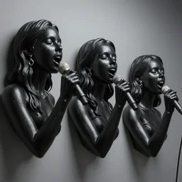 3 d female heads coming out of a wall singing r & b music to each other, pearlescent black, octane smooth masterpiece, highly detailed dino valls wayne barlowe machiej kuciara, dramatic lighting, medium shot, low angle, uhd 8 k, sharp focus