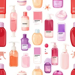 various spa day supplies, pamper, vector art, detailed, repeating, seamless, tileable, colors are pantone 2 7 6 c and raspberry and orange and pantone glowing purple and muted red, rebecca alred, melissa sixma, ingrid johnson, paige spearin, avantika subramanian, peter mohrbacher, boris vallejo, jessica rossier