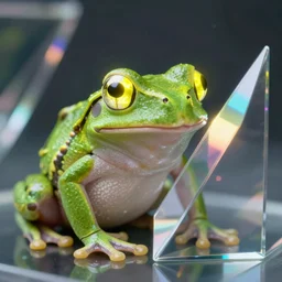 A frog with a yellow ghostly glow in its eyes. The frog stares at the glass prism. A prism refracts light. Chromatic aberration. Super detail, 4k, wow, artstation trending.