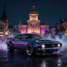 widebody audi camaro b 1 ( 1 9 6 9 ), need for speed : carbon, at night, mild sci - fi, neon lines, lviv historic centre, phonk music background, smoke behind wheels, noise, dark, establishing shot, by simon stalenhag