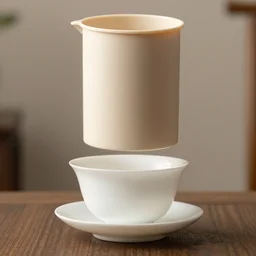 a teacup under a beige plastic cylinde. a beige plastic cylinder placed over a teacup. DSLR photo