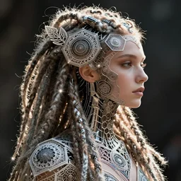 astonishingly beautiful young angelic biomechanical female dreadlocked cyborg, side profile face, rim light, geometrical octagonal fine foliage lace, alexander mcqueen, art nouveau fashion embroidered, steampunk, hippie, punk, fine craftsmanship, intricate silver filigree details, hexagonal mesh wire, mandelbrot fractal mandala twine, lsd, dmt, alex grey, giger, hyper real, photo - realistic