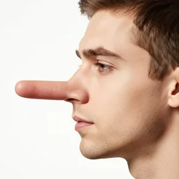 pinocchio nose on a hipster man. hyper realistic high key profile headshot photograph.