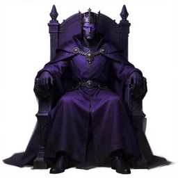 a full length portrait of a medieval king on the throne, cyberpunk, dark purple color scheme, glowing eyes, grim - lighting, high - contrast, intricate, elegant, highly detailed, digital painting, artstation, concept art, smooth, sharp focus, illustration