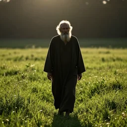 old prophet wandering about a meadow. silhouetted. harsh sunlight. radiant glow. high contrast. backlighting. iso 1 5 0