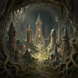 A highly detailed 4K fantasy matte painting of city in cave. And tree roots, ArtStation, CGSociety, Unreal Engine