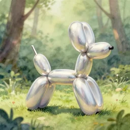 illustration of a shiny balloon animal in a soft forest, naturalism, watercolor painting, close - up, realistic, hd, mood lighting, digital art