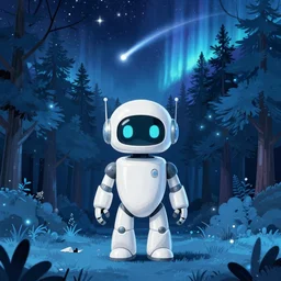 A retro glossy white robot stands in the middle of a forest. The retro robot is in the centre of the frame. The forest is made of softly glowing blue trees at night. The sky above has many stars and a beautiful blue aurora. Comet in the middle of the sky. Cyril Roland naomi okubo. Trending on artstation. Digital painting.
