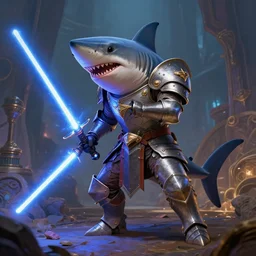anthropomorphic shark, knight armor, lightsaber, fantasy, digital painting, dramatic lighting, vibrant setting, realistic shading, unreal engine 5, concept art, ultra detailed, intricate environment