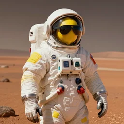 a detailed lemon wearing a spacesuit and sunglasses in mars, autochrome, atmospheric, 4K, trending on artstation