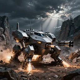 an armored core v on the ground, booster flares, legs, laser rifles, karst landscape, art by greg rutkowski