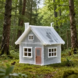 A realistic photo of a house in the forest made out of glue