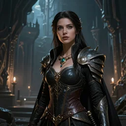 A fantasy comic book style portrait painting of a stunning female as a Sorcerer in a atmospheric dark fortress, unreal 5, DAZ, hyperrealistic, octane render, RPG portrait, ambient light, dynamic lighting