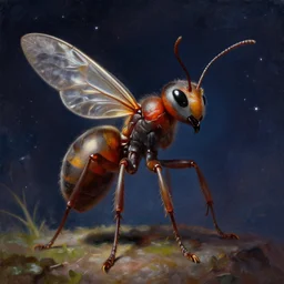 A painting of an anthropomorphic ant queen standing on her hind legs, with a starry background behind,  formian pathfinder,  digital art 4k unsettling,  Wayne Barlowe Greg Rutkowski
