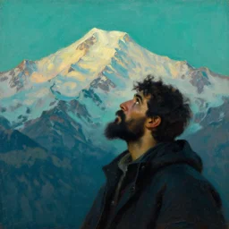zarathustra look up at mt elbrus, before dawn, oil painting, arkhip kuindzhi, teal palette