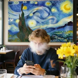 person with mobile phone chill in restaurant, color and shape focus, natural light, bloom, puff, by simon stalenhag and van gogh