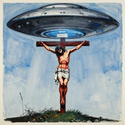 bloody christ crucified and a huge ufo in the sky painted by cy twombly and andy warhol