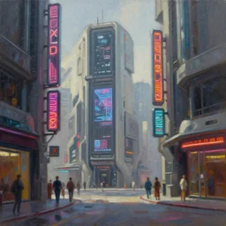 a photograph of a futuristic street scene, brutalist style architecture, straight edges, neon signs, video screens, shop signs, finely detailed oil painting, impasto brush strokes, soft light, 8 k, dramatic composition, dramatic lighting, sharp focus, octane render, masterpiece, by adrian ghenie and jenny saville and zhang jingna