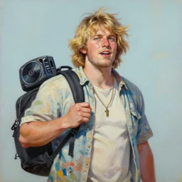 palette knife oil painting portrait of hans, a big boned energetic young man with untidy sandy hair wearing surfer shirt and carrying a backpack with dj gear. stoner. artstation trending, artgerm, deviant art, hipster, octane, substance, art history 8 k