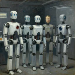 robots queue up for destruction in an abattoir, grant wood, pj crook, edward hopper, oil on canvas