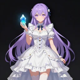full body cute bombshell anime waifu woman with lavender hair, victorian white ruffly dress. [ holding divine ocean crystal ]. symmetrical face. symmetrical detailed defined eyes. isekai background style. concept art