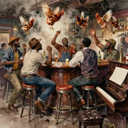 a messy rowdy watercolor of black men gatecrashing a bar, barstool and chickens flying through air, dust clouds, smooth, sharp focus, rednecks, deep south, piano, ultrarealistic, intricate, art by dean cornwell and howard finster, paint splatters, artstation, octane render, low contrast, cinematic, dynamic volumetric lighting by delphin enjolras
