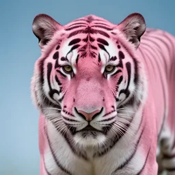 a close up photograph with a faded color palette, extreme details and studio lighting of a pink tiger with realistic fur on blue gradient background, 8 k, portrait