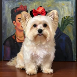 cream colored havanese dog with frida kayla painting by frida kahlo 1 9 3 5