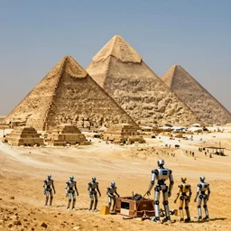 thousands of robots building the gizah pyramids, hyper detailed, realistic, artstation, dramatic lighting, cinematic