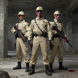 zombie security guard officers in beige uniform with background brutalist concrete interior trending on artstation digital painting highly detailed bleeding 4 k 8 k hd holding bullpup by greg rutkowski