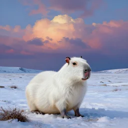 white capybara at a cold tundra land, surreal photography, dramatic, impressionist painting, colorful clouds, digital painting, artstation, kilian eng, john harris, bastien lecouffe - deharme, simon stalenhag, flower face