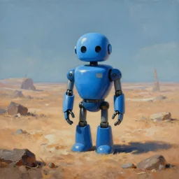 a blue robot stands alone on a dead earth, photo realistic painting, digital art 8K