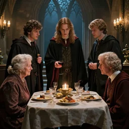 “three wizards traveling through time to visit grandma's for dinner, realistic”