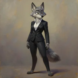 full body oil painting of anthromorphic furry female wolf, in style of zootopia, female fursona, furry, furaffinity, 4 k, deviantart, furry art, fursona art, wearing black business suit, business suit, wolf fursona, expressive feminine face, female,