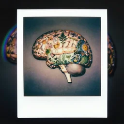 a colorful chromatic abberation, 9 0 s toy commercial, double exposure photo from the 7 0 s, polaroid photo of all of the world's botanical knowledge in one brain, by zdzislaw beksinski, by ernst haeckel