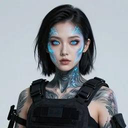 girl covered with tattoos wearing tactical gear, intricate lights, high detailed face, bio luminescent, plasma, by ruan jia and artgerm and range murata and wlop and ross tran and william - adolphe bouguereau and beeple. fantasy illustration. award winning, artstation, venomized, realistic, hyperdetailed, 8 k resolution.