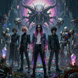 muted vaporwave ombre, sinister lovecraftian skullpunk spirits warriors wearing cool euro shades, enchanted intergalactic mecha garden, man - machine chimeric beholder polyphemous, power crystals trigger powerful psychotropic frequencies. singularity. by artgerm, wlop, james jean, andrei riabovitchev, marc simonetti, yoshitaka amano, artstation, cgsociety