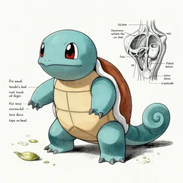 A victorian naturalist\'s illustration of a squirtle, anatomical notes with labels, pen and ink