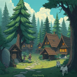 a forrest mystical society and village, studio ghibli style