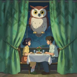 Twin Peaks movie poster artwork by Tomer Hanuka Rendering green curtains with zig zag chevron pattern of a Dinner with an giant owl floating above it, full of details, by Makoto Shinkai and thomas kinkade, Matte painting, trending on artstation and unreal engine
