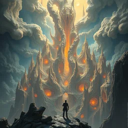 a man standing astonished, hyper detailed, fractal essence, transcending, infinity, miyazaki, illustration, dan seagrave, concept art, mysterious