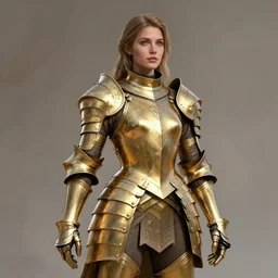 professional digital art of a hyper realistic and highly detailed woman beautiful golden armor. accurate rending of one woman in armor. greg rutkowski, zabrocki, karlkka, jayison devadas, intricate, trending on artstation, 8 k, unreal engine 5, pincushion lens effect