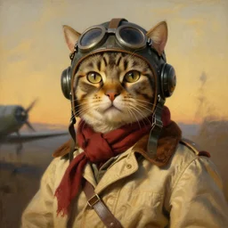 heroic cat pilot, ww 2, wearing a vintage pilot helmet and a scarf, and vintage light aviator jacket, painted by rembrandt, intricate, detailed, atmospheric lighting, golden hour.