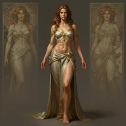 portrait of a full body of beautiful female healer mage, d & d, fantasy, flat lighting, intricate, muscular, highly detailed, digital painting, artstation, concept art, smooth, sharp focus, illustration, art by simon bisley and greg rutkowski and alphonse mucha, natural tpose