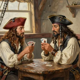 a painting of two pirates playing cards in a cabin of a 16th century galley, dark cinematic lighting, by Norman Rockwell