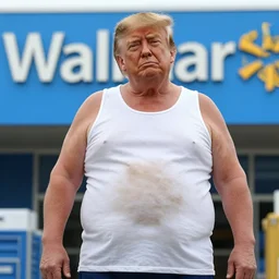 photo of fat trump wearing a dirty white wifebeater tank top shipping at walmart