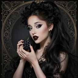 beautiful gothic Ariana Grande holding a Black Fruit, Black Hair, intricate, elegant, highly detailed, digital painting, artstation, concept art, smooth, sharp, focus, illustration, art by artgerm and greg rutkowski and alphonse mucha